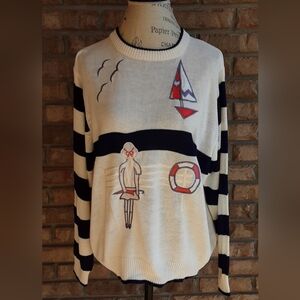 Alfred Dunner Vintage Nautical Stripe Long Sleeve Embroidered Detail Sweater.
